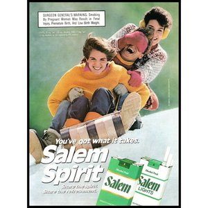 1987 Salem Cigarettes Vintage Print Ad Toboggan Sledding Snow Winter Sweater